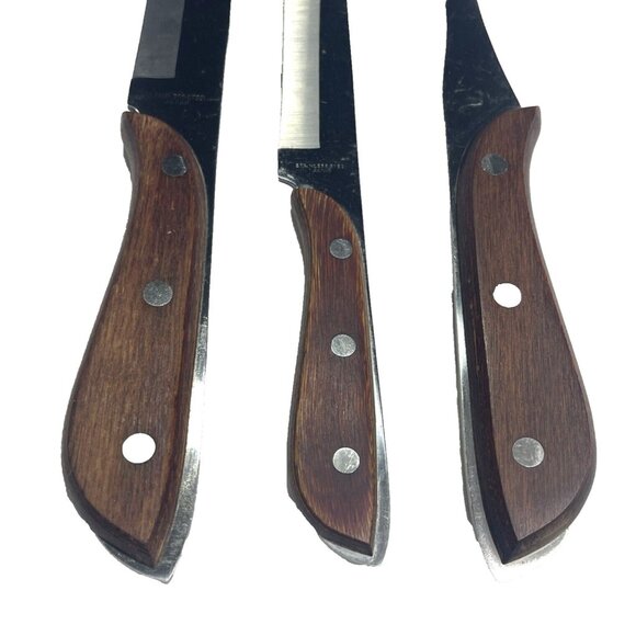 3 Vintage Stainless Steel Carving Meat Fork, 2 Knifes Brown Wooden Handles Japan - Picture 4 of 8